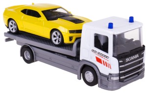 TRUCK SCANIA P320 1:57 LAWETA + CHEVROLET CAMARO METAL 1:43 WELLY