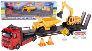 TIR LAWETA 1:60 + 2 AUTKA + AKCESORIA 28 CM. METAL