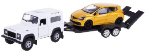 LAND ROVER DEFENDER + RENAULT CLIO RS 1:34/39 + LAWETA MODELE METAL WELLY