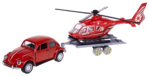 VW BEETLE GARBUS MODEL METALOWY Z NAPĘDEM Z HELIKOPTEREM NA LAWECIE CZERWON