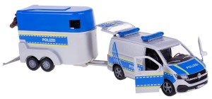 VOLKSWAGEN T6.1 2019 POLICJA Z PRZYCZEPĄ DLA KONI 26CM + 2 KONIE KIDS GLOBE