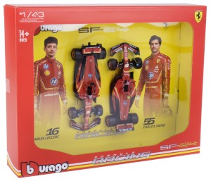 FERRARI SF-24 ZESTAW BOLIDÓW F1 MODELE BBURAGO 1:43 2 SZTUKI LECLERC SAINZ