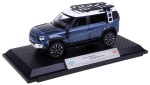 LAND ROVER DEFENDER 110 1:24 MODEL METAL ŚWIATŁO DŹWIĘK BLUE PODSTAWKA BOX