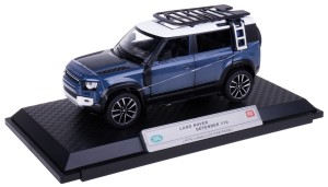 LAND ROVER DEFENDER 110 1:24 MODEL METAL ŚWIATŁO DŹWIĘK BLUE PODSTAWKA BOX