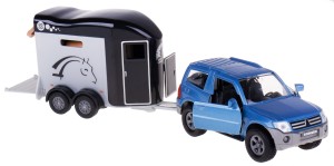 MITSUBISHI PAJERO METAL 1:32 + PRZYCZEPKA Z KOŃMI NIEBIESKI