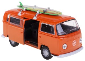 VOLKSWAGEN BUS T2 Z DESKĄ NA DACHU MODEL METALOWY WELLY 1:34-39 POMARAŃCZ