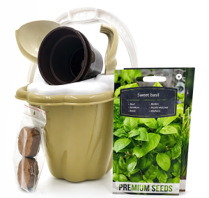  ZESTAW MAŁY OGRODNIK WIADERKO ŁOPATKA GRABKI DONICZKI BAZYLIA TRAWA DLA KOT