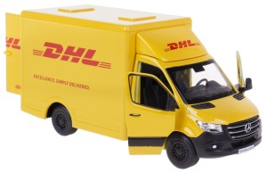 DHL KURIER MERCEDES-BENZ SPRINTER KONTENER BOX 1:48 MODEL METALOWY KINSMART