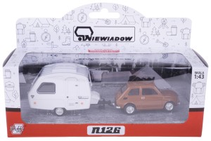  FIAT 126p + PRZYCZEPKA KEMPINGOWA NIEWIADÓW N126 KOLEKCJA PRL 1:43 BRĄZOWY